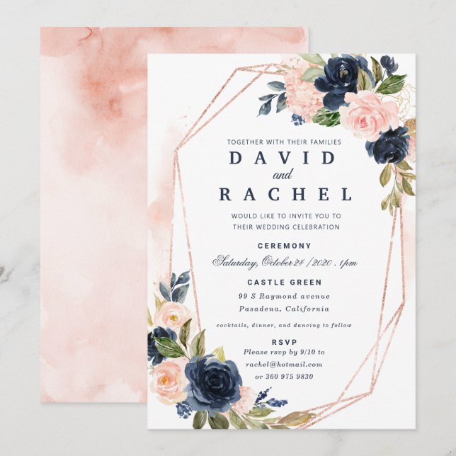 Invitación de boda floral azul marino sonrojado einladung (Vorne/Hinten)