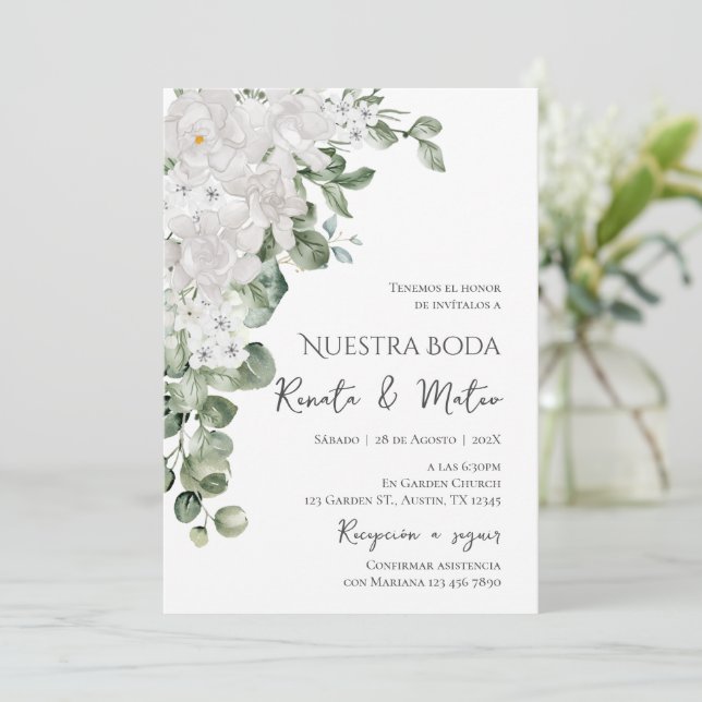 Invitación de Boda Flores Blanca y Verdes  Einladung (Stehend Vorderseite)