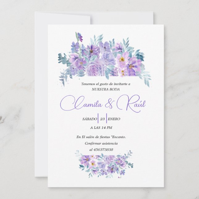 Invitación de Boda “Flores en Tono Lila” (Vorderseite)