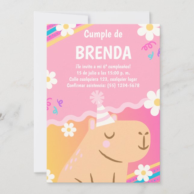 Invitación de Cumpleaños Capibara de Niña Rosa Einladung (Vorderseite)