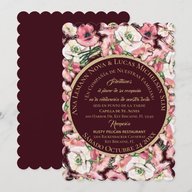 Invitación de Matrimonio Floral Rosa-Rubor Borgoña Einladung (Vorne/Hinten)