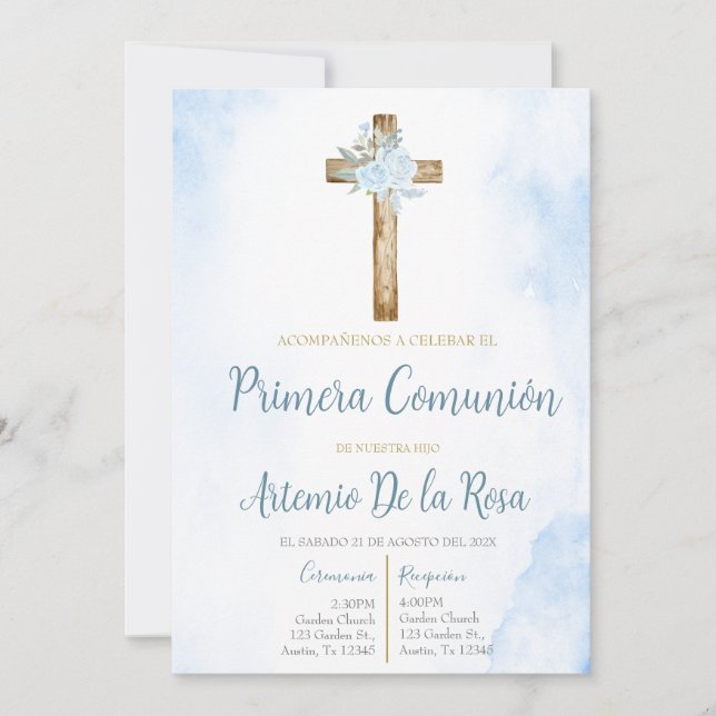 Invitación de primera comunión floral azul einladung (Vorderseite)