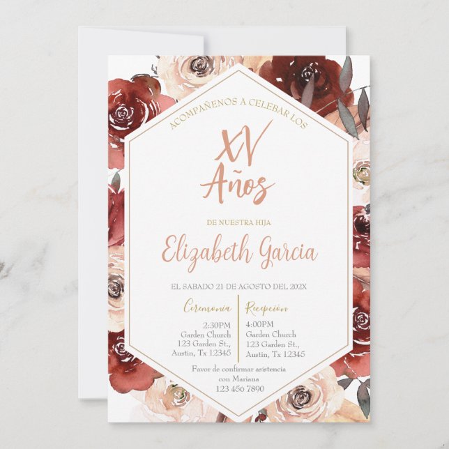 Invitación de quiceañera floral rosa en español einladung (Vorderseite)