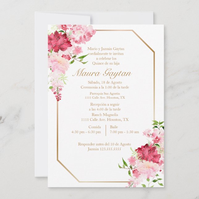 Invitación de quinceañera con marco rosa einladung (Vorderseite)
