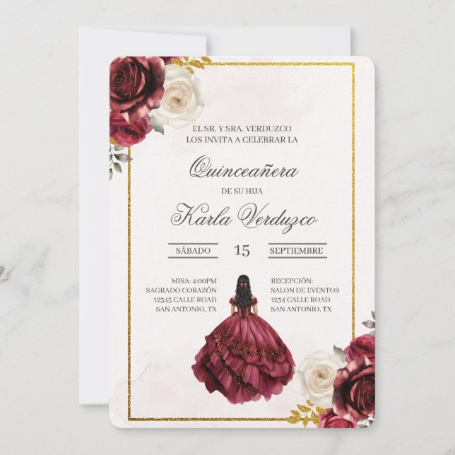 Invitación de quinceañera con vestido rojo einladung (Vorderseite)
