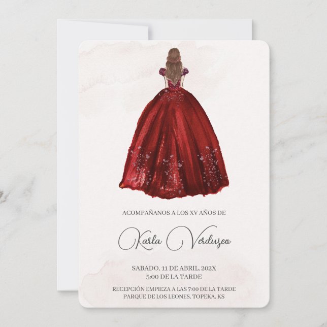 Invitación de quinceañera con vestido rojo einladung (Vorderseite)