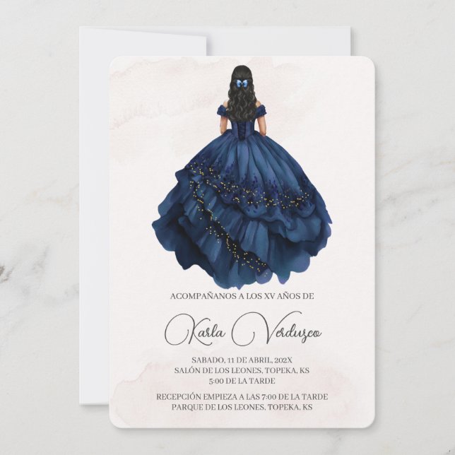 Invitación de quinceñera con vestido azul marino einladung (Vorderseite)