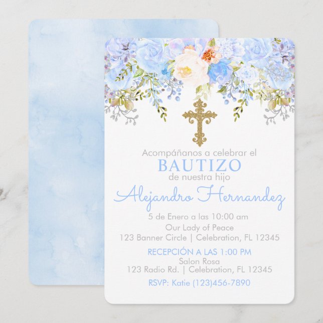 Invitación de Rosas para Bautizo de niño Einladung (Vorne/Hinten)