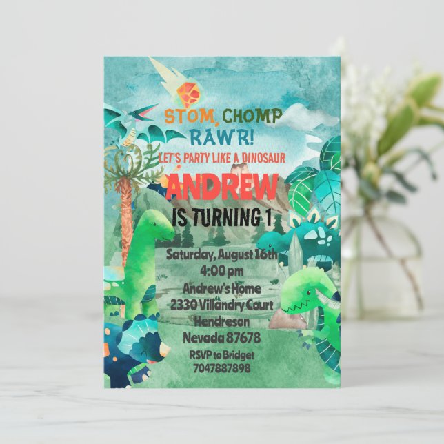 Invitación Dinosaur Birthday Invitation, Dinosaurs Einladung (Stehend Vorderseite)