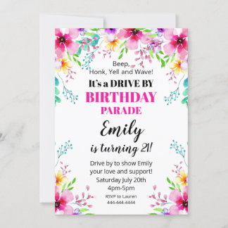 Invitación Floral Birthday Drive By Parade Invitat Einladung