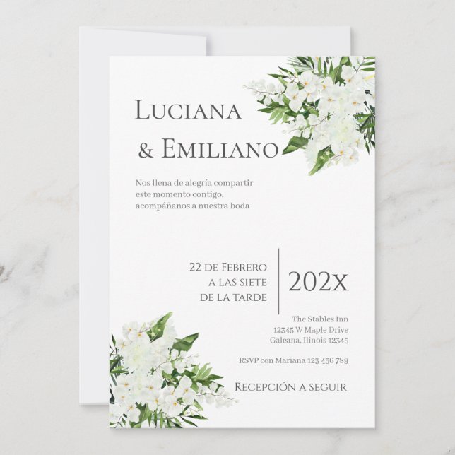 Invitación Floral White Wedding Invitation Einladung (Vorderseite)