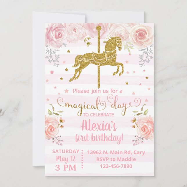 Invitación Gold carousel horse birthday invitation Einladung (Vorderseite)
