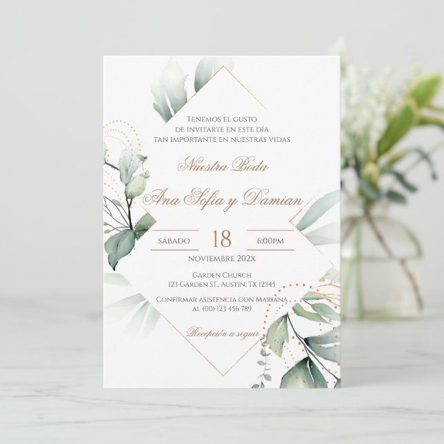 Invitación Greenery Spanish Wedding Invitation Einladung (Stehend Vorderseite)