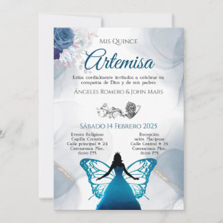 Invitación mariposa azul quincañera einladung