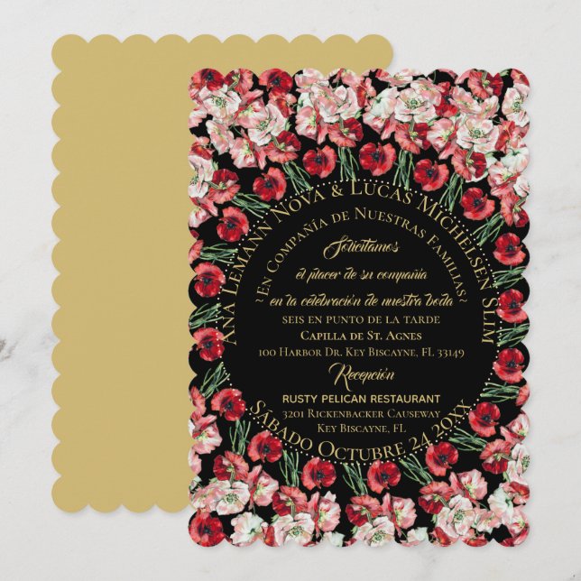 Invitación Matrimonio/Boda Floral Rosa-Rubor Negro Einladung (Vorne/Hinten)