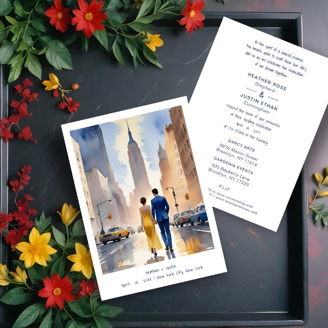 Invitación NY Iconic Building Colorful Cityscape Einladung (New YorK Iconic Building Colorful Cityscape Wedding Couple Illustration Invitations Cards.)