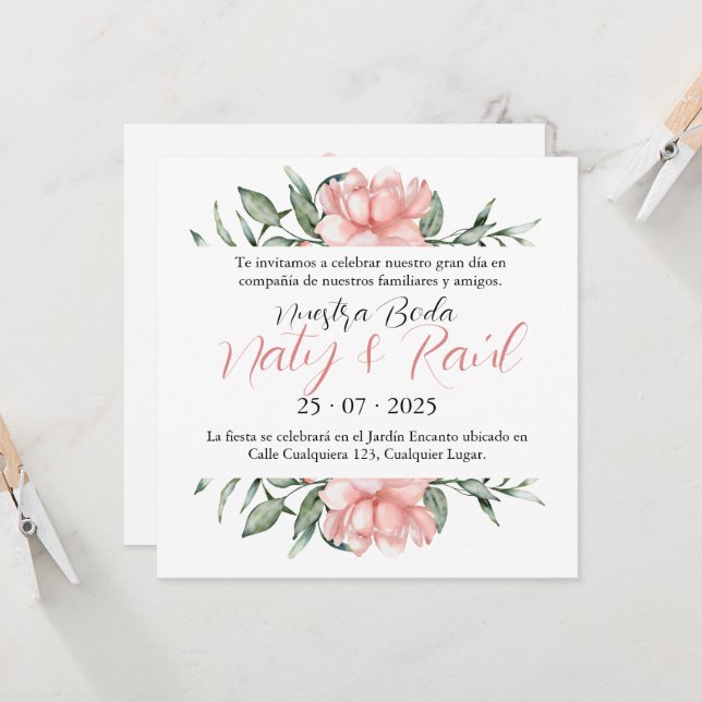 Invitación para Bodas Rosa Pastel Einladung (Vorderseite/Rückseite Beispiel)