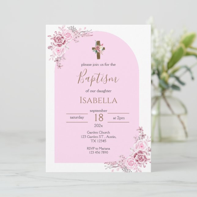 Invitación Pink Baptism Invitation Einladung (Stehend Vorderseite)