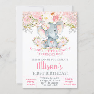 Invitación Pink Elefant und Blume Mädchen Geburtst Einladung