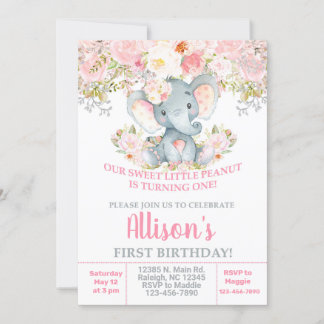 Invitación Pink Elefant und Blume Mädchen Geburtst Einladung