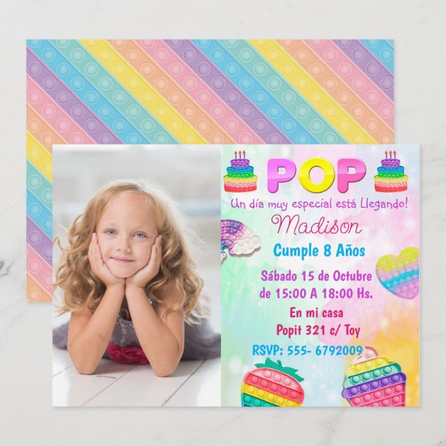 Invitación Pop It Niña Einladung (Vorne/Hinten)