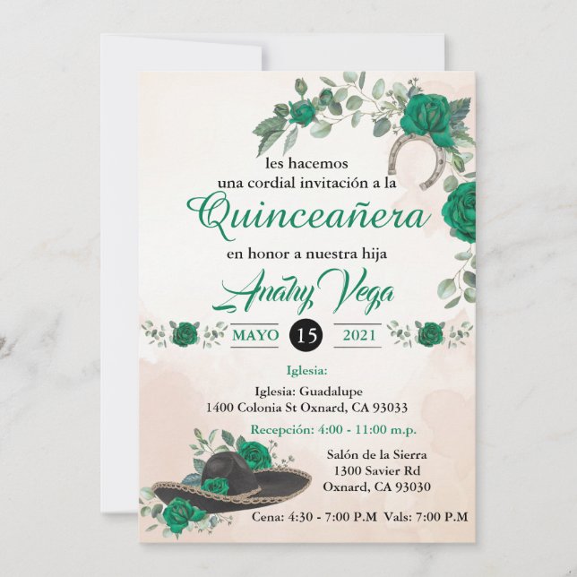 Invitación Quinceañera Charra Smarald grün Einladung (Vorderseite)