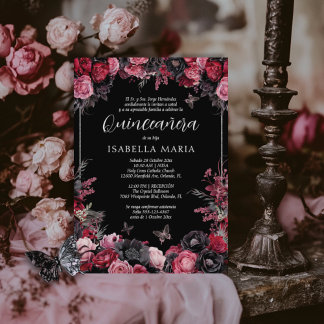 Invitación Quinceañera floral gótica rosada, roja Einladung