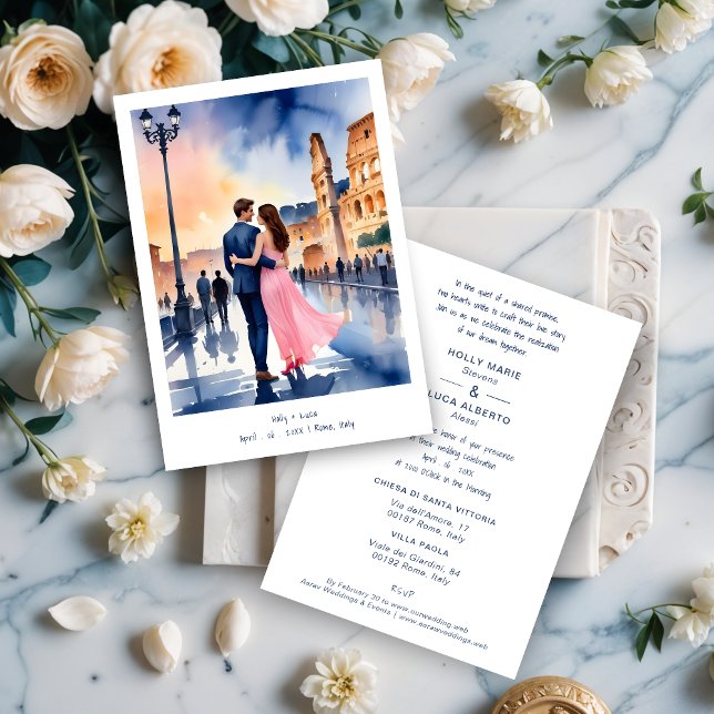 Invitación Rome Coliseum Colorful Cityscape Weddin Einladung (Rome Coliseum Colorful Cityscape Wedding Couple Illustration Invitations Cards. )
