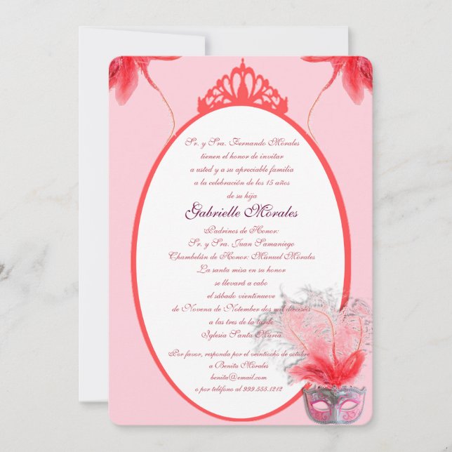 Invitación rosada de Quinceanera de la máscara Einladung (Vorderseite)