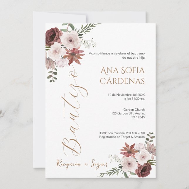 Invitación Spanish Baptism Girl invitation pink Einladung (Vorderseite)