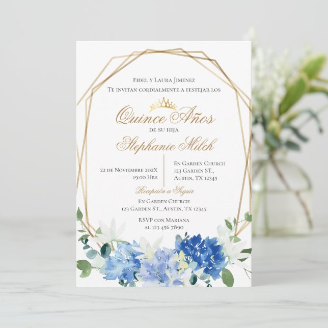 Invitación Spanish Quinceanera Blue floral invit Einladung (Stehend Vorderseite)