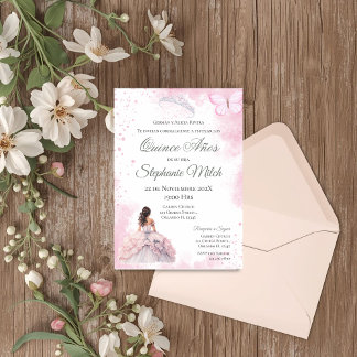 Invitación Spanish Quinceanera pink floral invite Einladung