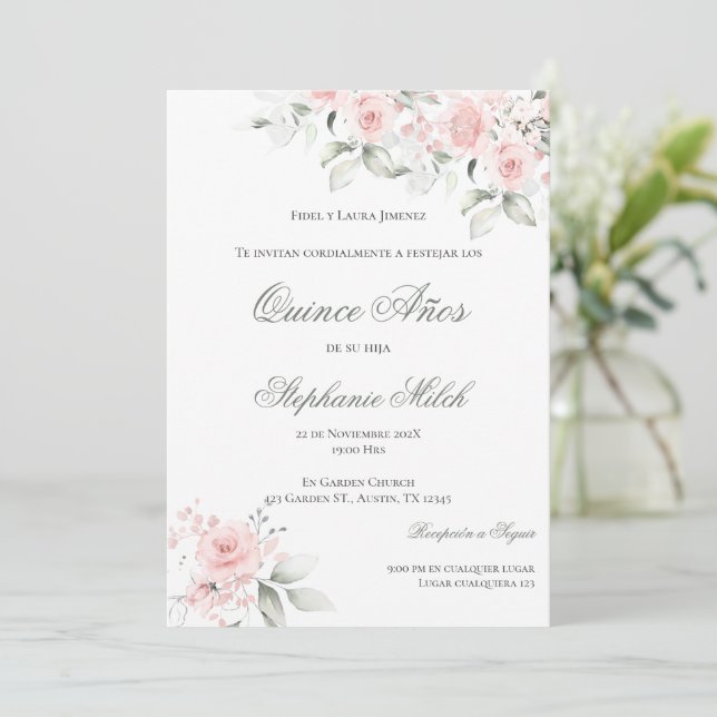 Invitación Spanish Quinceanera pink floral invite Einladung (Stehend Vorderseite)