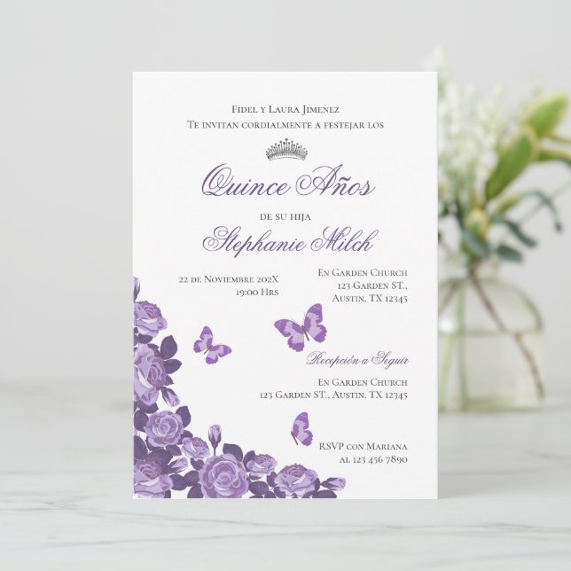 Invitación Spanish Quinceanera purple floral invit Einladung (Stehend Vorderseite)