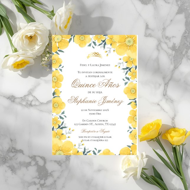Invitación Spanish Quinceanera yellow floral invit Einladung (Von Creator hochgeladen)