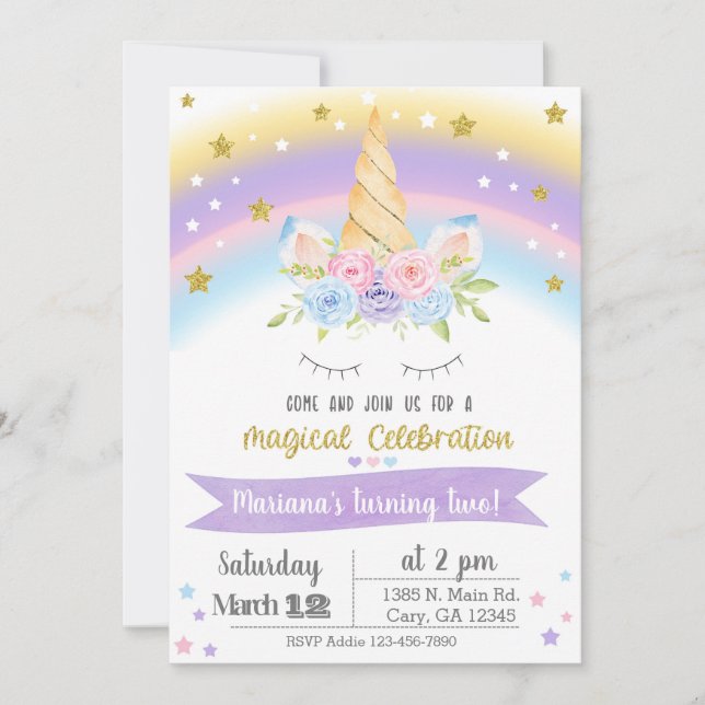 Invitación Unicorn birthday invitation, girl invit Einladung (Vorderseite)