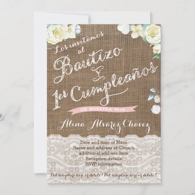 Invitaciones para Bautizo de niña, blanca durazno Einladung (Vorderseite)
