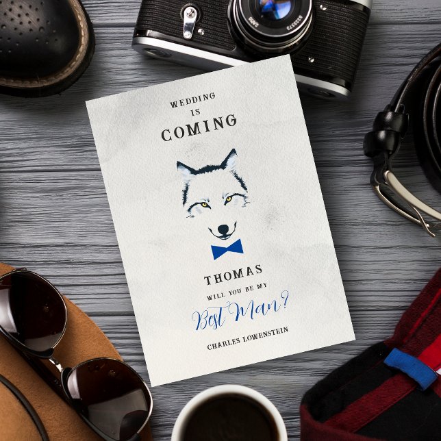 Invitation (Grey Shades Best Man Proposal Card with Blue Bow Tie Featuring Wedding Wolf Design. )