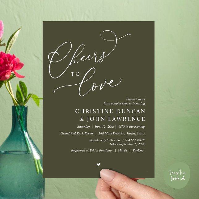 Invitation (Cheers to love, Romantic Couples Shower Modern Party Winery Invitation Card, PDF, Summer Olive Green)