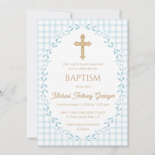 Invitation 001 Baptême Croix Ornée de Vigne Botanique Bleu Ci