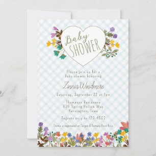 Invitation 001 Ciel Gingham Jardin Cœur Floral Baby Shower