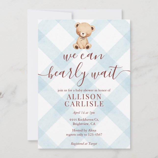 Invitation 001 Sky Blue Teddy Bear Gingham Baby Shower (Devant)