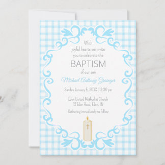 Invitation 002 Bougie Croix Gingham Papier Cerulean Baptême