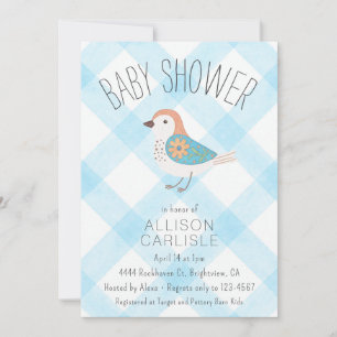Invitation 002 Fête de Bébé Fleurie Douce Oiseau Gingham Céle