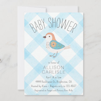 Invitation 002 Fête de Bébé Fleurie Douce Oiseau Gingham Céle