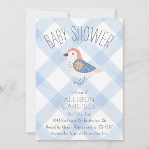 Invitation 003 Cobalt Cute Floral Bird Gingham Baby Shower