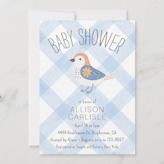 Invitation 003 Cobalt Cute Floral Bird Gingham Baby Shower