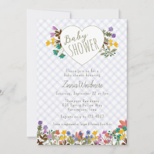 Invitation 004 Indigo Gingham Jardin Cœur Floral Baby Shower
