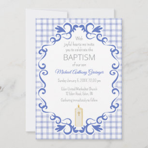 Invitation 004 Indigo Rouleau Gingham Croix Bougie Baptême
