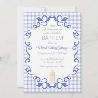 Invitation 004 Indigo Rouleau Gingham Croix Bougie Baptême